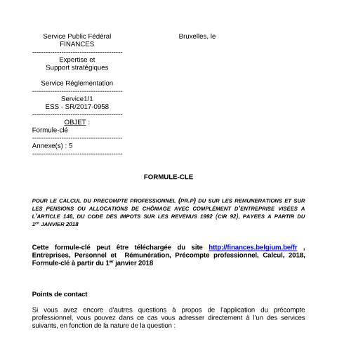 Aperçu du document Formule-clé à partir du 1er janvier 2018 (PDF, 130.75 Ko) — SPF Finances, Belgique (CERFA n°700-formule-cle-20180101)