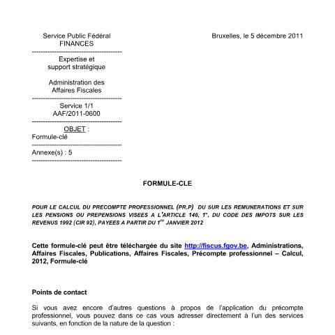 Aperçu du document Formule-clé à partir du 1er janvier 2012 (PDF, 460.29 Ko) — SPF Finances, Belgique (CERFA n°Formule-clé 2012)