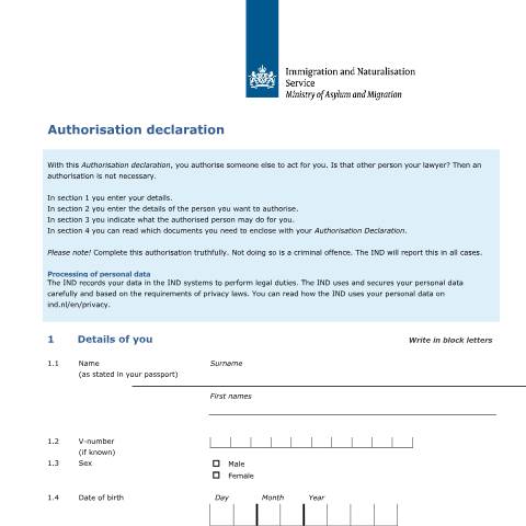 Documentvoorvertoning: Appendix Authorisation declaration — IND — immigratie, Nederland (CERFA n°7645)