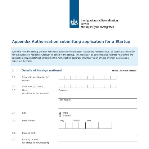 Documentvoorvertoning: Appendix Authorisation submitting application for a Startup — IND — immigratie, Nederland (CERFA n°7652)