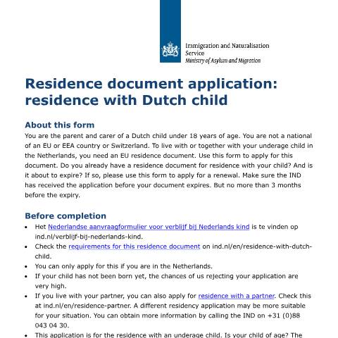 Documentvoorvertoning: Residence document application: residence with Dutch child — IND — immigratie, Nederland (CERFA n°B10004E)