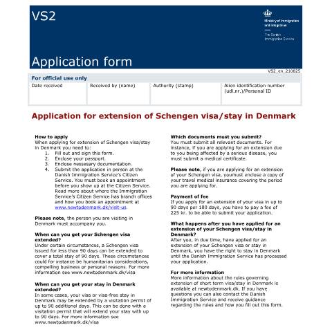 Document preview: VS2 — Application for extension of visa — Immigration Service / Application forms – The Danish Immigration Service, Danmark (CERFA n°VS2)
