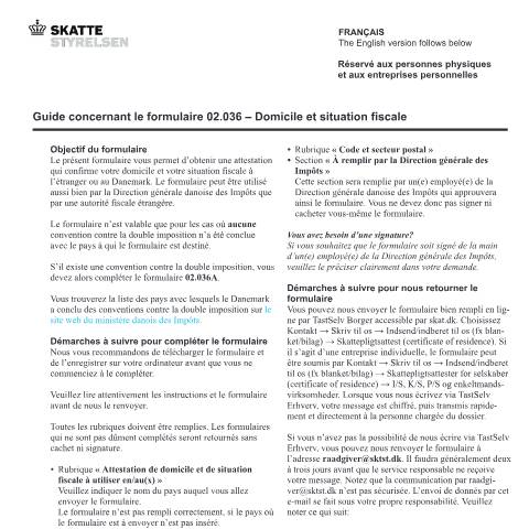Document preview: Domicile et situation fiscale / Residence and tax liability — Vejledning/Instruction — 02 Tax: certificates, Danmark (CERFA n°02.036)