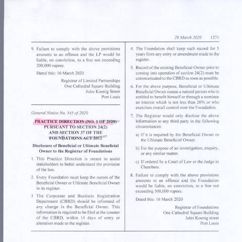 Document preview: Foundation – GN 545 of 2020 — Document, Mauritius (CERFA n°Foundation-GN-545-of-2020)