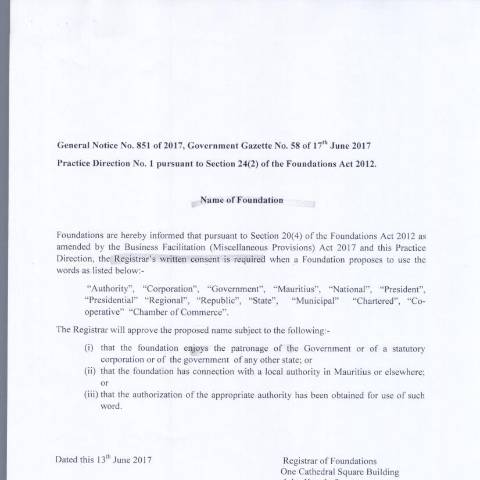 Document preview: Foundation – GN 851 of 2017 — Document, Mauritius (CERFA n°Foundation-GN-851-of-2017)