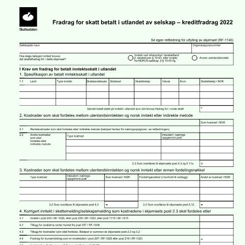 Document preview: Deduction for tax paid abroad by a company (credit) — Skatteetaten / Companies domiciled in Norway for tax purposes according to Norwegian internal l, Norge (CERFA n°RF-1145)