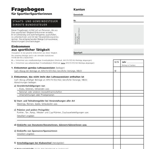 Dokumentvorschau: 11S - Fragebogen für Sportler PDF 120.15 kB 6. August 2025 — Direkte Bundessteuer, Schweiz