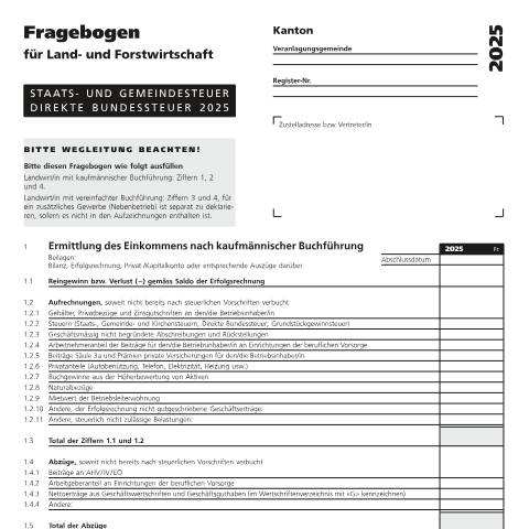 Dokumentvorschau: 18 - Fragebogen für Land- und Forstwirtschaft PDF 203.73 kB 6. August 2025 — Direkte Bundessteuer, Schweiz (CERFA n°18)