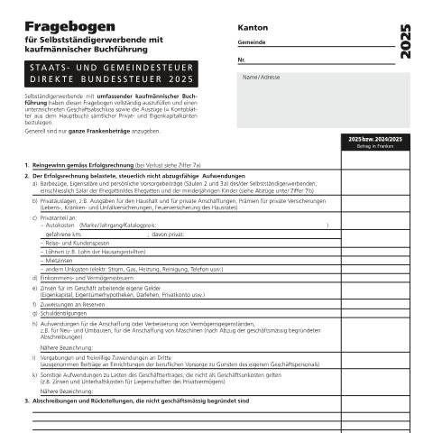 Dokumentvorschau: 15 - Fragebogen für Selbstständigerwerbende mit kaufmännischer Buchhaltung PDF 151.02 kB 6. August 2025 — Direkte Bundessteuer, Schweiz (CERFA n°15)