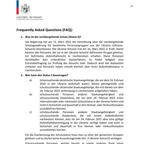 Dokumentvorschau: Fragen und Antworten zum Schutzstatus — Ausländer-/Passamt — Information Ukraine, Liechtenstein (CERFA n°20250714_faq-status-s-fuer-homepage)
