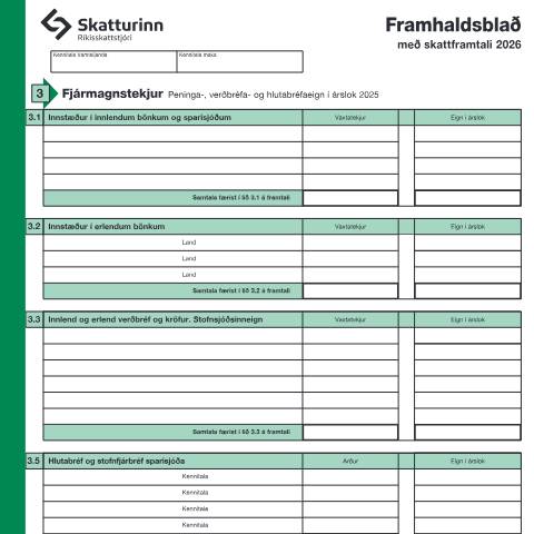 Document preview: Framhaldsblað með skattframtali 2026. — Einstaklingar, Ísland (CERFA n°RSK 3.01)