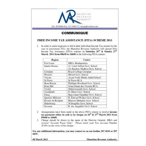 Document preview: Free Income Tax Assistance 2011 (08.03.2011) — Notice / Circular, Mauritius (CERFA n°CommuniqueFITA2011)