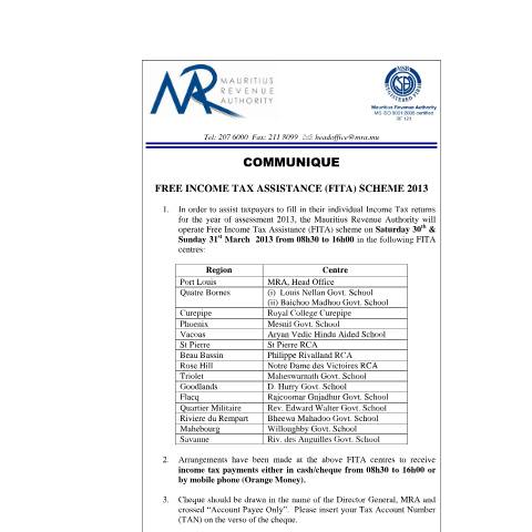 Document preview: Free Income Tax Assistance (FITA) 2013 (22.03.2013) — Notice / Circular, Mauritius (CERFA n°CommuniqueFITA2013a)