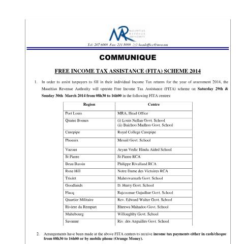 Document preview: Free Income Tax Assistance (18.03.14) Scheme 2014 — Notice / Circular, Mauritius (CERFA n°FITAcommunique)