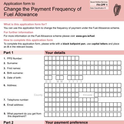 Document preview: Operational Guidelines: Fuel Allowance Scheme — application form change the payment frequency of fuel allowance fa cpf1 — Department of Social Protection, Ireland (CERFA n°CPF1)