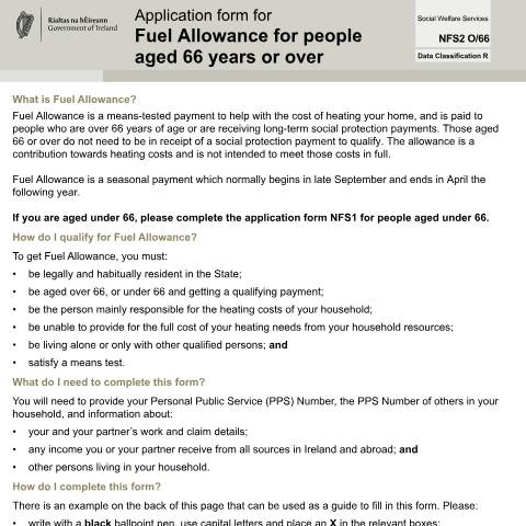Document preview: Operational Guidelines: Fuel Allowance Scheme — application form fuel allowance for people aged 66 years or over nfs2 o66 — Department of Social Protection, Ireland (CERFA n°AGED66)