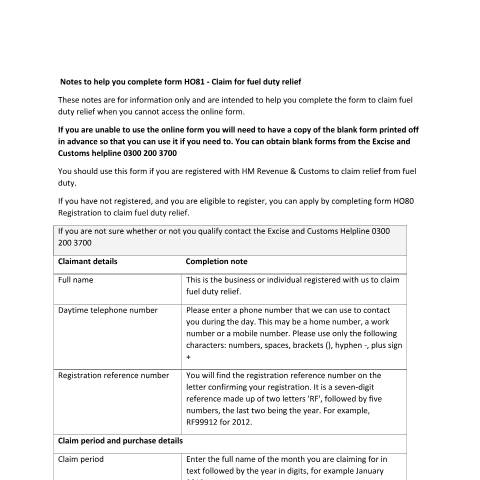 Document preview: Claim Fuel Duty Relief — HM Revenue & Customs, United Kingdom