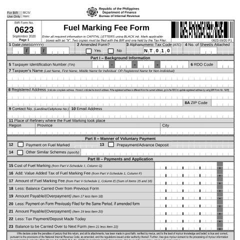 Document preview: BIR Form No. 0623 Fuel Marking Fee Form — Other Forms, Philippines (CERFA n°0623)