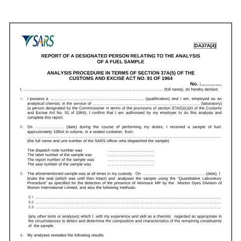 Document preview: DA 37A4 – Report of a designated person relating to the analysis of a fuel sample – External Form — PDF Forms, South Africa (CERFA n°DA 37A4)