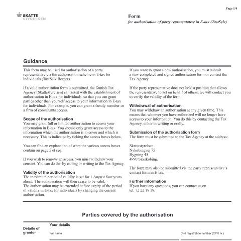 Document preview: Power of attorney for authorisation of party representative in E-tax (TastSelv) — 02 Tax: certificates, Danmark (CERFA n°02.052)