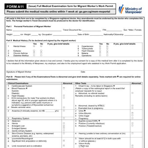 Document preview: Full medical examination form to issue migrant worke... — MOM / Forms, Singapore (CERFA n°MEDICAL_FORM)