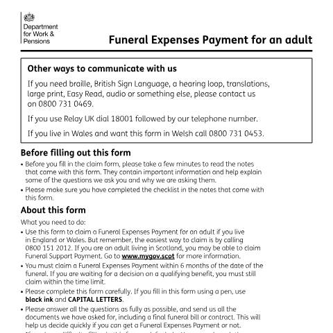 Document preview: Funeral Expenses Payment claim form — Department for Work and Pensions, United Kingdom