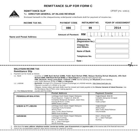 Document preview: CP207 Remittance Slip for Forms C and R — Company, Malaysia (CERFA n°CP207)