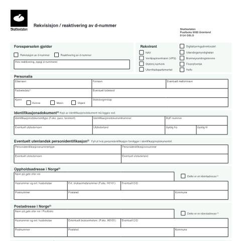 Document preview: Order a D number — Skatteetaten / Forms, Norge (CERFA n°RF-1450)