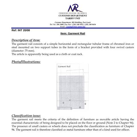 Document preview: Classification of Garment Rail — Document, Mauritius (CERFA n°GarmentRail)