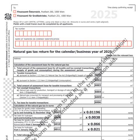 Dokumentvorschau: EGA1-EN — Natural gas return for the calendar/business year for 2025 — Steuern, Österreich (CERFA n°EGA1-EN)
