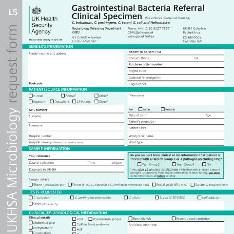 Document preview: Gastrointestinal bacteria clinical referral form — UK Health Security Agency, United Kingdom