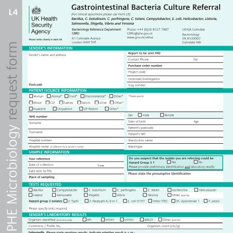 Document preview: Gastrointestinal bacteria culture referral form — UK Health Security Agency, United Kingdom