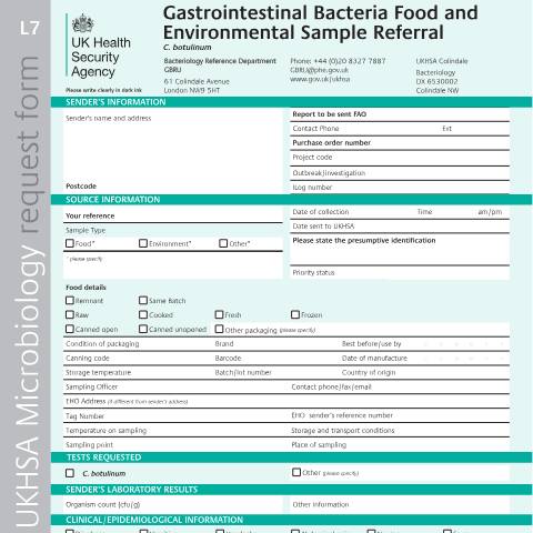 Document preview: Gastrointestinal bacteria food and environmental sample referral form — UK Health Security Agency, United Kingdom