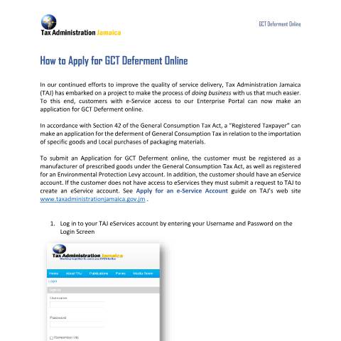 Document preview: APPLICATION FOR GCT DEFERMENT — Form, Jamaica (CERFA n°Guide+-+Application+for+GCT+Deferment-how+to+guide_2024)