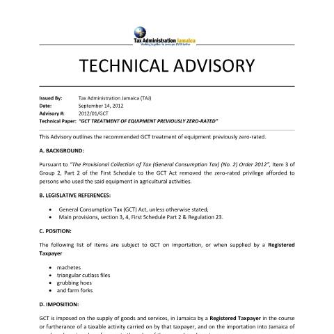 Document preview: 2012.01.GCT - GCT Treatment of Equipment Previously Zero-rated — Reference, Jamaica (CERFA n°2012.01.gct+-+gct+treatment+of+equipment+previously+zero-rated)
