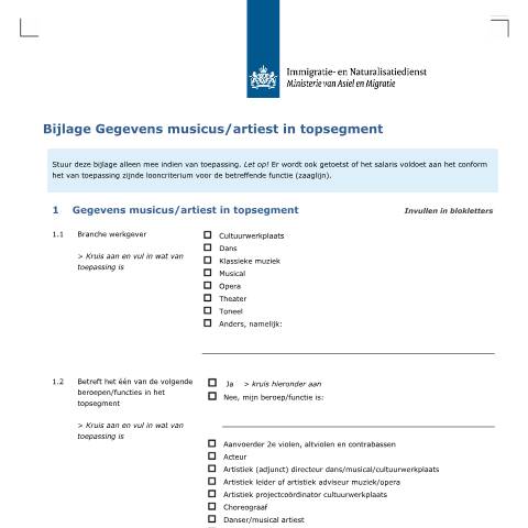 Documentvoorvertoning: Bijlage Gegevens musicus/artiest in topsegment — IND — immigratie, Nederland (CERFA n°7139)