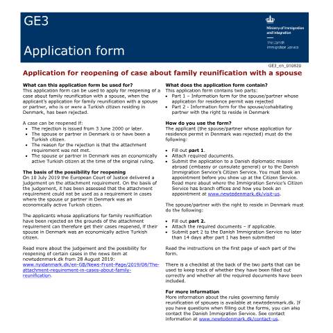 Document preview: GE3 — Application for reopening of case about family reunification with a spouse — Immigration Service / Application forms – The Danish Immigration Service, Danmark (CERFA n°GE3)