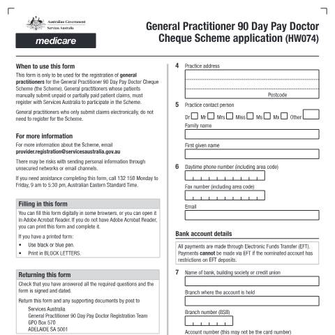 Document preview: General practitioner 90 day pay doctor cheque scheme application form (HW074) — Services Australia — Health professionals, Australia (CERFA n°HW074)