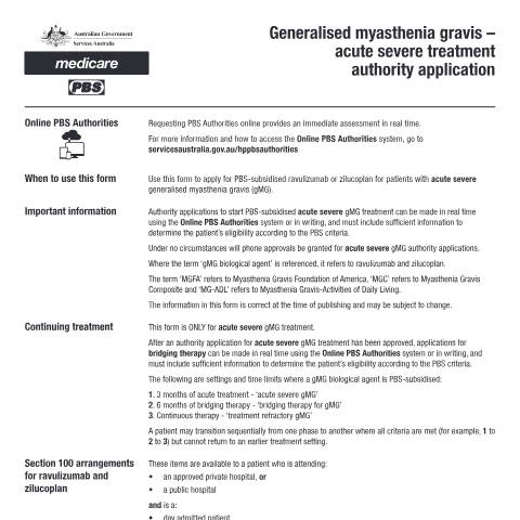 Document preview: Generalised myasthenia gravis - acute severe treatment authority application form (PB394) — Services Australia — Health professionals, Australia (CERFA n°PB394)