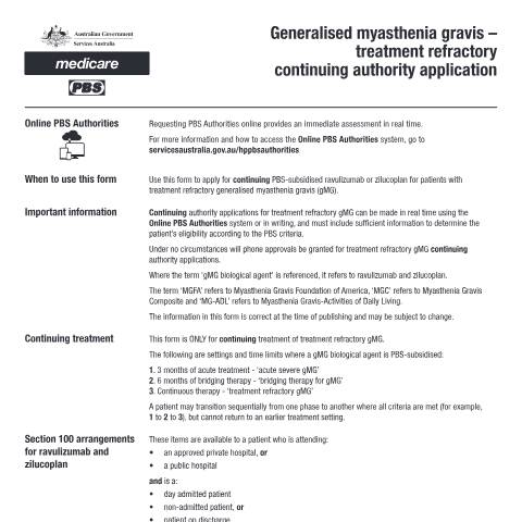 Document preview: Generalised myasthenia gravis - treatment refractory continuing authority application form (PB397) — Services Australia — Health professionals, Australia (CERFA n°PB397)