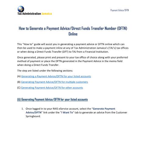 Document preview: How to Generate a Payment Advice/Direct Funds Transfer Number (DFTN) Online — Guide, Jamaica (CERFA n°Guide_Generating_Payment_Advice_DFTN+online_Ver2_042023)