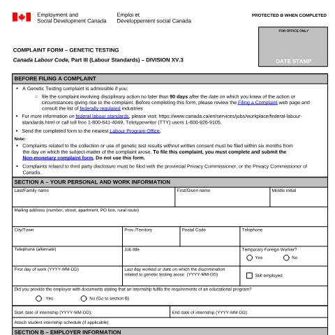 Document preview: Complaint form - Genetic Testing — Labour, Canada (CERFA n°LAB1204)