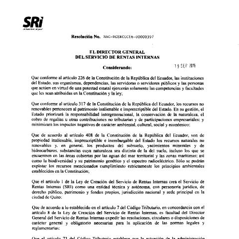 Vista previa del documento Resolución NAC-DGERCGC16-00000397 publicada S.R.O. 30 de septiembre 2016 — Impuesto al Valor Agregado (IVA), Ecuador (CERFA n°NAC-DGERCGC16-00000397)