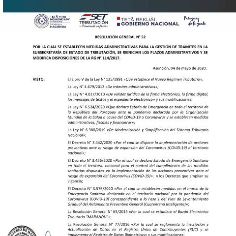 Vista previa del documento RESOLUCION GENERAL N° 52 2020 — Registro Único De Contribuyentes Ruc, Paraguay