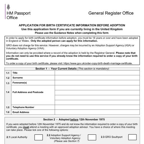 Document preview: Getting your birth certificate information before adoption — HM Passport Office, United Kingdom
