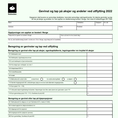 Document preview: Gains and losses on shares and ownership interests at the time of emigration (DISCONTINUED) — Skatteetaten / Forms, Norge (CERFA n°RF-1141)