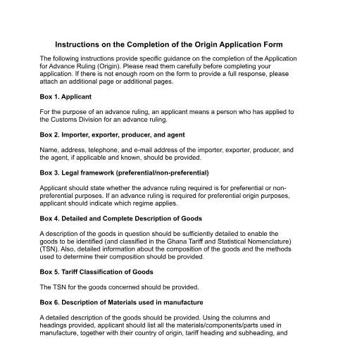 Document preview: Advance Ruling Instructions on the Completion of the Origin Application Form. — tax, Ghana