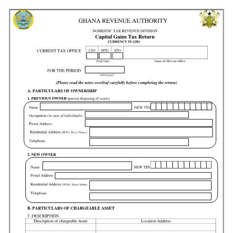 Document preview: Capital Gains Tax Return Form — tax, Ghana (CERFA n°DT-0111)