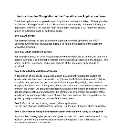 Document preview: Instructions for Completion of the Classification Application Form. — tax, Ghana