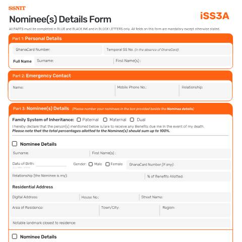 Document preview: Nominee(s) Details Form — social_security, Ghana (CERFA n°ISS3A)